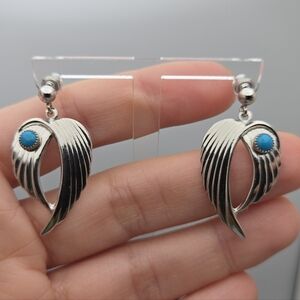 Silver Angel Wing Earrings w/ Turquoise Stone 1.25”